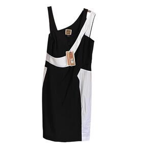 NUE by Shani Size 14 Sleeveless Black White Asymetrical Midi Dress NWT FLAWS